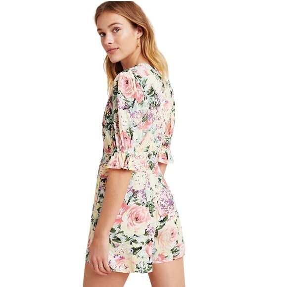 Anthropologie Faithfull Ana Floral Romper Tie Waist 3/4 Puff Sleeves Size 2 - Picture 7 of 12
